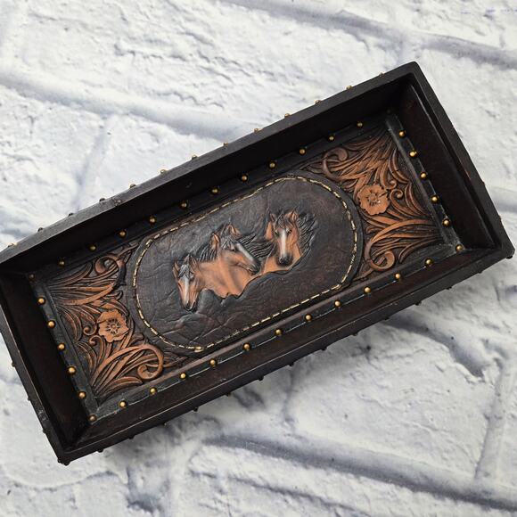 Faux Tooled Leather Western Horse Studded Trinket Tray Silver Conchas - Picture 1 of 14